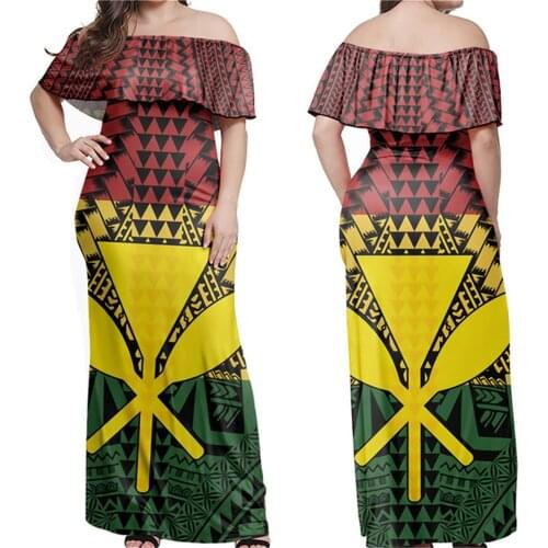 Jackherelook Kanaka Maoli Floral Print Summer Off Shoulder Dresses for Girls Polynesian Tattoo Women Elegant Party Long Dress