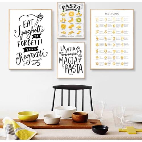 Beautiful Italian Kitchen Decoration Painting Pasta Types Poster Magic Fellini Quote Canvas Prints Italy Lovers Restaurant Decor