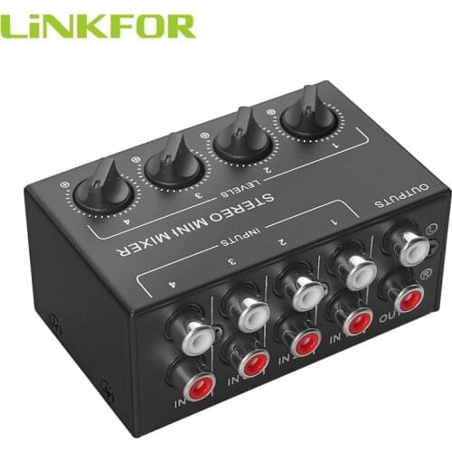 LiNKFOR CX400 Stereo Audio Mixer 4-Channel RCA Input to 1 RCA Output Mini Passive Stereo Sound Mixer Volume Control for Player