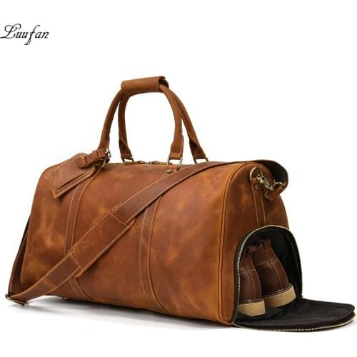 Luufan Vintage Mens Travel Bag Crazy Horse Genuine Leather Big Travel Duffel With Shoe Pocket Cow Leather Luggage Weekend Bag