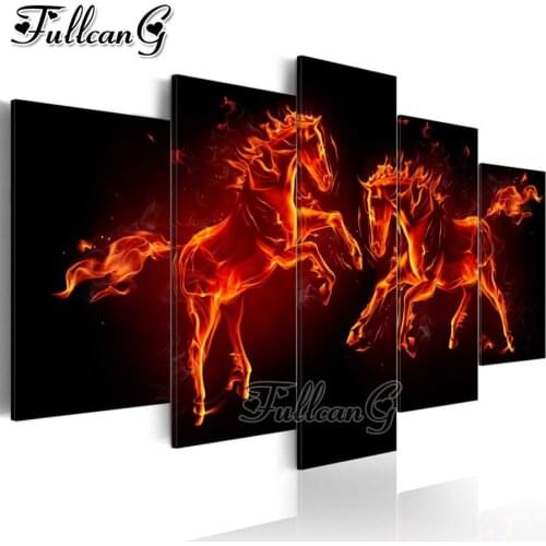 FULLCANG 5 piece diy diamond painting flame horse animals full square/round drill mosaic embroidery sale needlework art FC2287