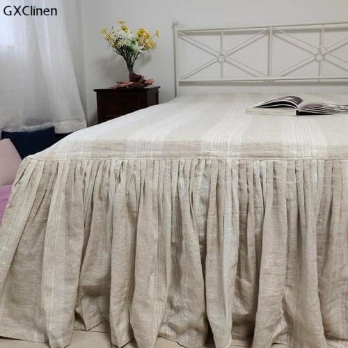 French Stone Washed 100% Linen Bed Skirt Soft Striped Ruffled Dust Skirting 100% Flax Bedding Bedspread Bed Cover