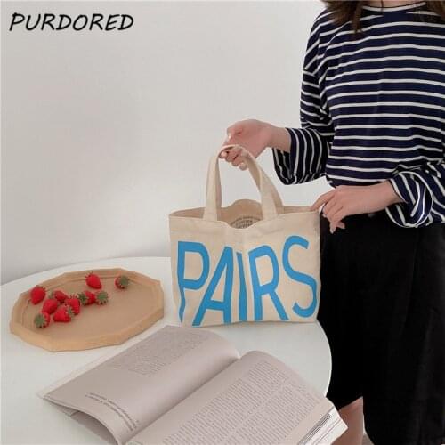 PURDORED 1 Pc Paris Letter Women Shoulder Bag Ins Style Canvas Shopping Bag Casual Female Student Reuseable Shoulder Bag Handbag