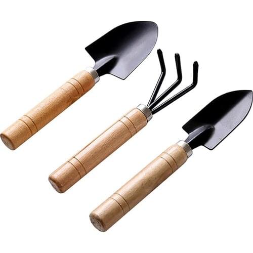 SenNan 3pcs Mini Garden Shovel Rake Spade Erramientas Bonsai Tools Set Wooden Handle For Flowers Potted Plant Garden Tools Set A