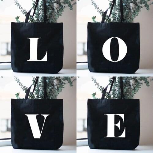 Fashion White Letters Shoulder Bag Zipper Black Shopping Pouch Portable Travel Handbag for Women High Capacity Reusable Tote Bag