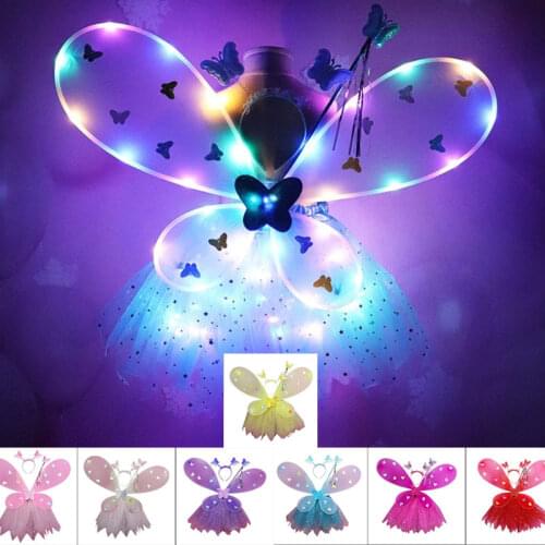 4Pcs/set Girls Cosplay Flashing Wings Tutu Skirt Pettiskirt Glow Headband Fairy Stick Set Role-playing Props Party Dance Wear