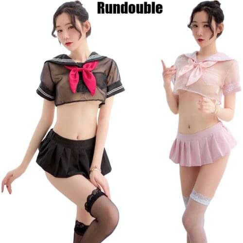 Woman School Uniform Sexy Black Pink See Through Student Bowknot Party Costume Japanese Girls Short Pleated Skirt Lingeries Suit