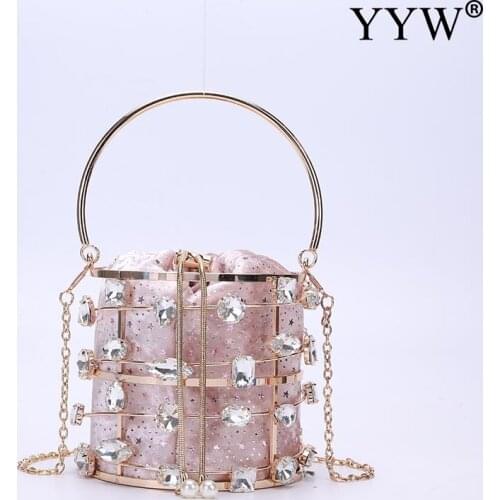 Crystal Basket Evening Bag Women Luxury Flowers Beaded Metallic Cage Pink Clutch Handbags And Purses Wedding Party Bolsos Mujer