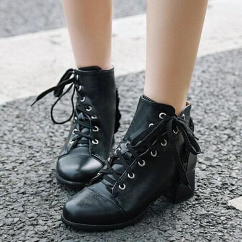 PXELENA Rome Gladiator Punk Gothic Ankle Boots Women Lace Up Chunky Block Med Heels Boots Lady Winter Shoes 2019 Plus Sz