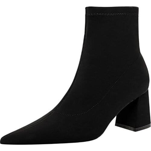 Stretch Flock Boots Women Sock Ankle Boot Femal Square Toe Thick Heels Shoes Ladies New Suede Boots Slip On Shoes Botas Mujer