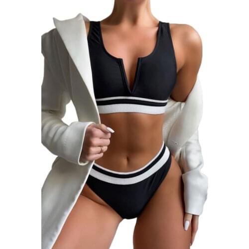 Women Casual Two-piece Swimwear Set Black V-neck Sleeveless Swimming Tops and Shorts S/ M/ L