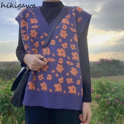Hikigawa Sweater Vest Women Y2k Aesthetic Sleeveless V Neck Vintage Knitted Pullover Flower Loose Sweaters Vests Harajuku Tops