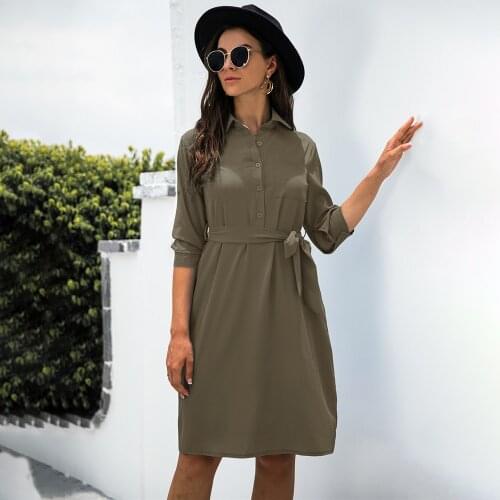 Autumn New Solid Button Shirt Dress Casual Turn-Down Collar Half Sleeve Lace Up Waist Office Lady Midi Dress Vetement Femme 2021