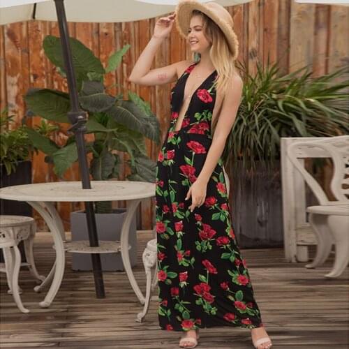 Red Rose Print Womens Summer Dress 2021 Sexy Sleeveless Backless Maxi Long Dress Female Boho Beach Elegant Vestidos Floral
