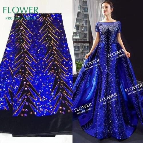 2020 High Qulaity African Nigerian Sequins Velvet Lace Fabrics Royal Blue Color Sequined Embroidered Wedding Dresses Fabrics