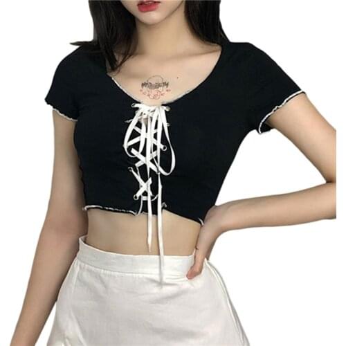 2021 Fashion Trend Women’s Slimming Crop Tops Short Sleeve Hollowed Bandage V-neck Ruffled Casual New Stylish T-shirts Tees