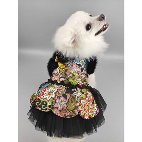 Free Shipping Handmade Dog Clothes Coat Dress Fur Collar Warm Black Domineering Flowers Bloom Winter Cat Pet Outfit Florida