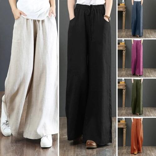 Casual Wide Leg Pants Womens Autumn Trousers ZANZEA Vintage Solid Long Pantalon Palazzo Female Elastic Waist Turnip 7