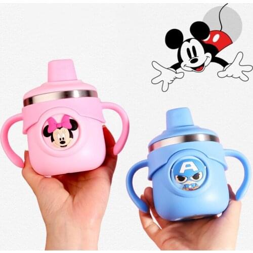 260ml Disney Cups Mickey Minnie baby feeding cup with straw Captain America children Stainless Steel water bottles with handles