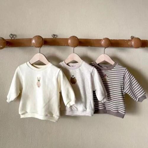 2021 New Arrival Autumn Korean Style Baby Clothes Cartoon Print Striped Infant Boys Girls Hoodie Children Sweatshirt Kids Jumper