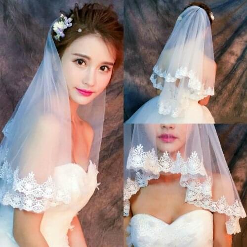 2019 Custom Made Wedding Veil Shoulder Length Two Layers Lace Applique White Ivory Bridal Veils Cheap