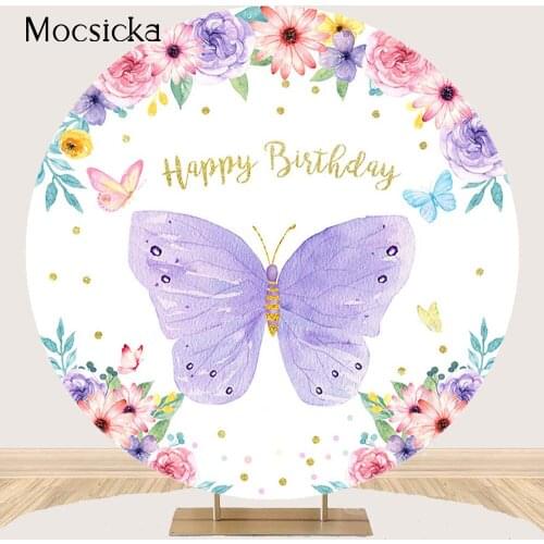 Butterfly Birthday Backdrop Purple Floral Happy Birthday Party Decoration Circle Round Polyester Background Elastic Props