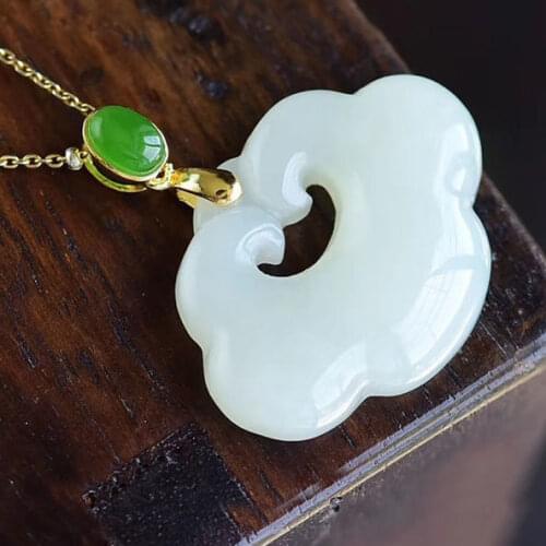 Natural Hetian Jade Longevity Lock Pendant White Jade Pure Silver Embeded Jade Necklace Womens Ruyi Safety Lock Jade Pendant Cl