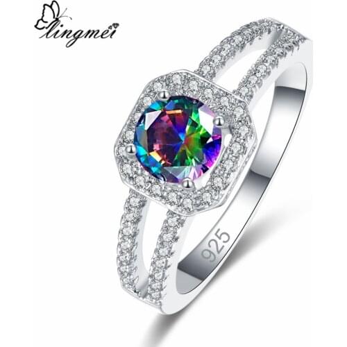 Lingmei Wholesale Cocktail Fire Mystic Women Jewelry Multi & White & Red Zircon Silver Color Ring Size 6 7 8 9 10 11 12 Gogeous