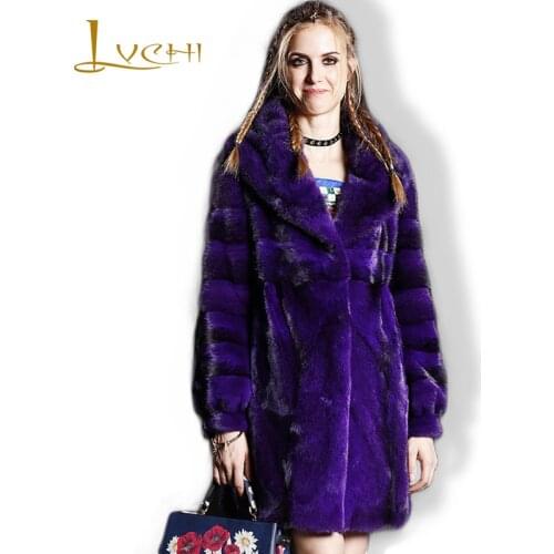 LVCHI Luce Velvet Cross Mink Coat Female Whole Mink Long Fur Coat Winter Turn-down Collar Young Girl Purple Mink Coats