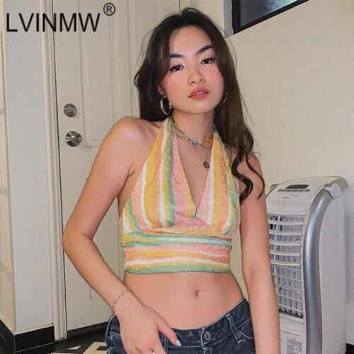LVINMW Hit Color Low Cut Backless Sexy Skinny Tops Women Bandage Halter Sleeveless Trendy Tank Patchwork Striped Summer Crop Top