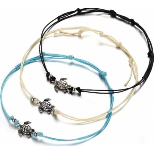 Wax String Turtle Charm Anklets Adjustable Sandals Beach Summer Foot Jewelry 3 Colors Multi-layer Boho Anklets Best Friend Gift