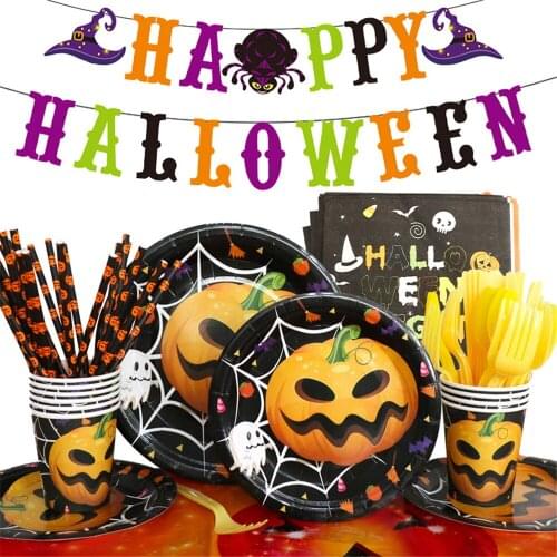 Halloween Theme Disposable Tableware Happy Halloween Party Decorations Disposable Plates Napkins Cups Banners