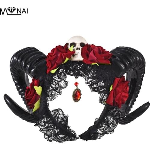 Steampunk Horn Headband Gothic Devil Floral Horns Headpieces Halloween Skull accessories With Veil Fancy Dress Hair Accessories