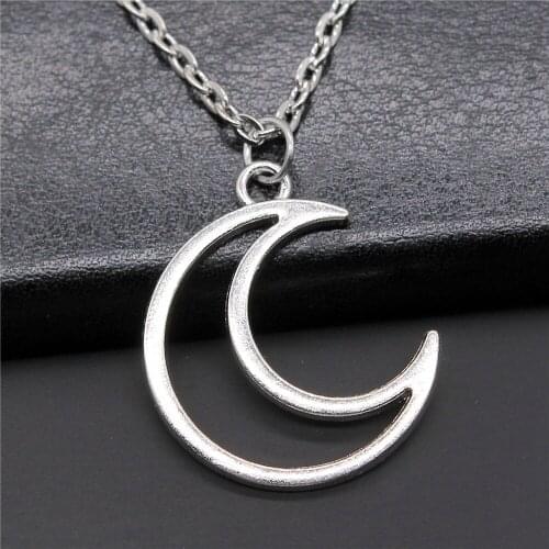 Simple Antique Silver Color 29x24mm Hollow Moon Charms Pendant Necklace For Women Lady Girl Jewelry Gift
