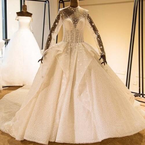 Luxury Beaded Ball Gown Princess Wedding Dress Sexy Illusion Long Sleeve Lace up Wedding Gown Real Photos Robe De Mariee