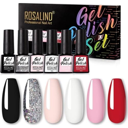 Super Low Price ROSALIND 6PCS Gel Nails Kit Semi Permanent Need Base Top Coat UV Lamp Manicure Set Nail Art Gel Nail Polish Set