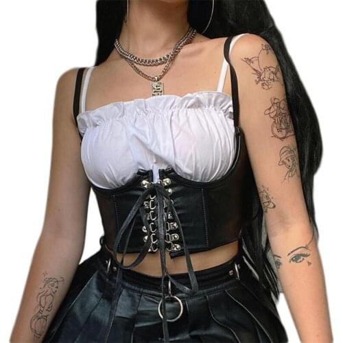 Women Gothic Punk Faux Leather Corset Crop Top Crisscross Lace-Up Underbust Waist Belt Cincher Vintage Sleeveless Vest Bustiers