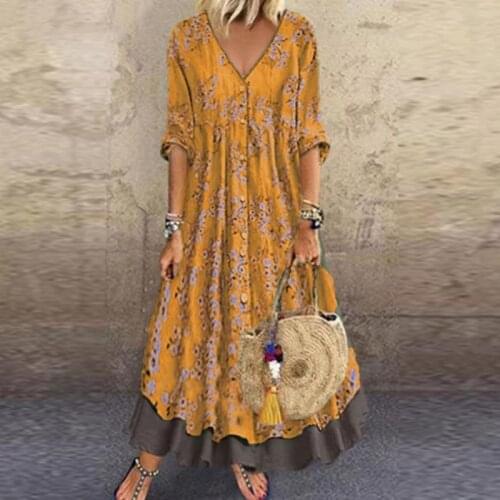Spring Autumn Women Sexy V Neck Ruffle Party Dress Fashion Casual 3/4 Sleeve Beach Dress Vintage Pattern Print Loose Long Dress