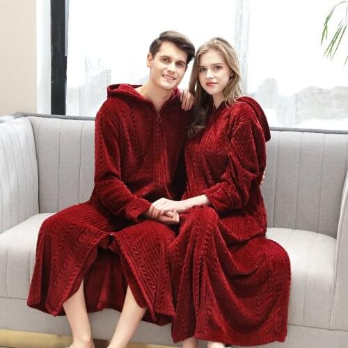Winter Flannel hooded Couple Robes Women and men plus size simple Long-sleeve Thicken keep Warm lovers Bathrobes Kimono Robes
