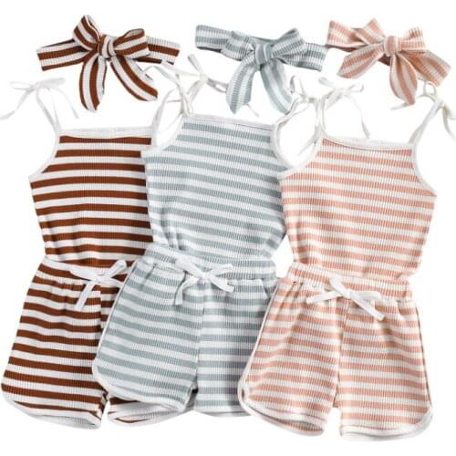 2021 Body Baby Suit Children Stripe Printing Two-pieces Set Bow Headdress Clothes Outfits