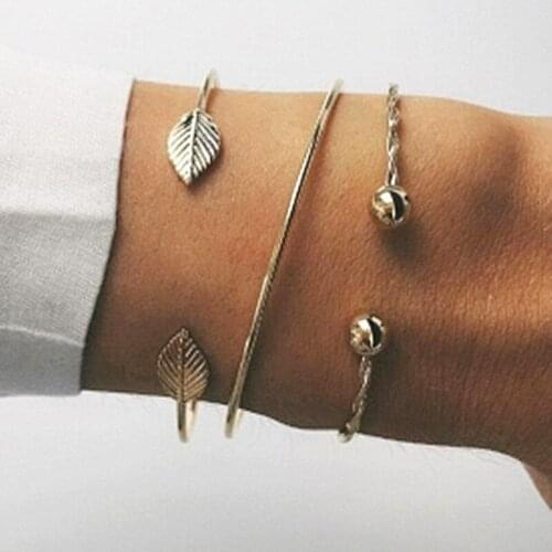 3 Pcs/set Fashion Bohemian Leaves Round Spiral Open Bangles Women Girl Punk Style Charm Bracelet Set Jewelry Statement Gift