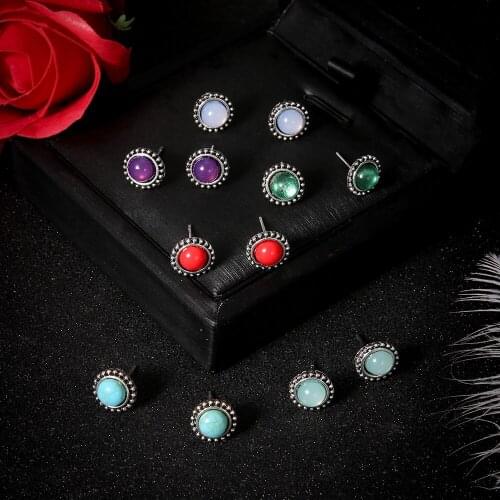6 Pairs / Set Fashion Inlaid Crystal Gem Geometric Stud Earrings Set Vintage Women Charm Ear Clip Jewelry Party Gifts 2020