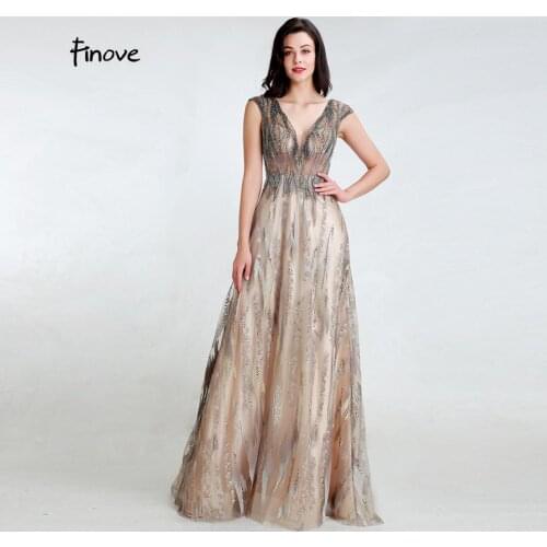 Finove 2020 Evening Dresses New Sexy V-neck Blackless Beaded Appliques Long Floor Length A-line In Women' Dresses Plus Size
