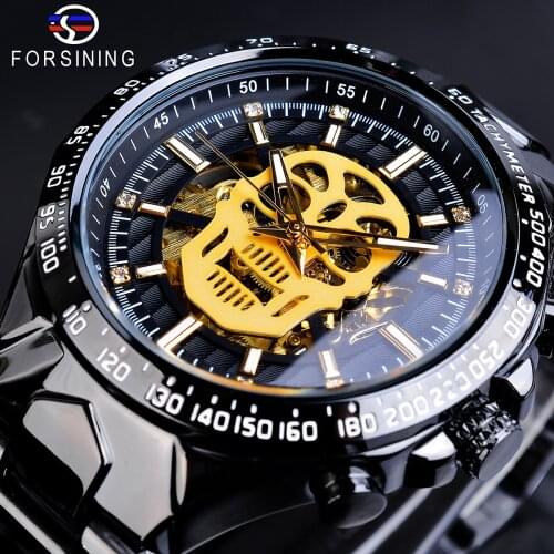 Forsining Steampunk Skull Bone Men Mechanical Watches Automatic Black Stainless Steel Belt Wristwatch Reloj Hombre Dropship Gift