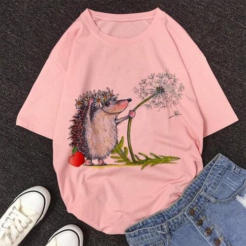 Hedgehog And Dandelion Graphic Print T-shirt Womensummer Streetwear Korean Style Tshirt Harajuku Aesthetic Tops Female T Shirt