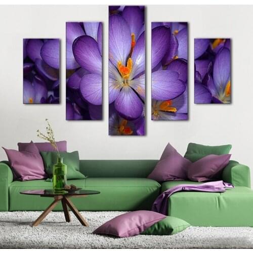 No Frame Modern 5 Pieces Canvas Wall Art Canvas Oil Paintings Purple Flowers Home Decoration Modular Paintings for Living Room