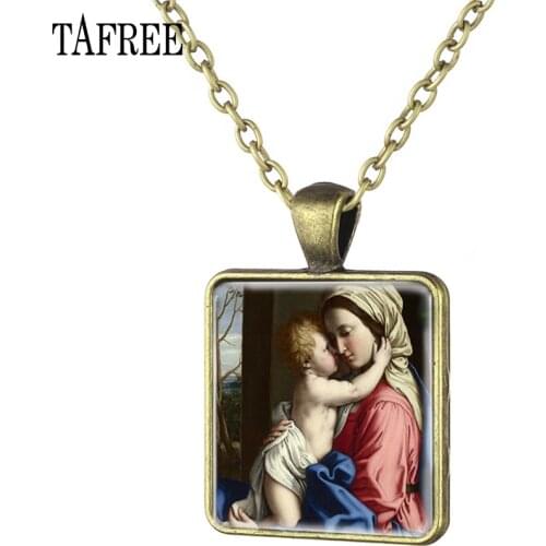 TAFREE Classical Art Oil Painting Religious Mother Maria Necklace Square Pendant Necklace Charm Choker Women jewelry MY03