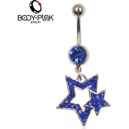 BODY PUNK Shiny Blue Belly Button Ring Rhinestone Double Star Blue CZ Dangle Navel Ring Stainless Steel Body Piercings Jewelry