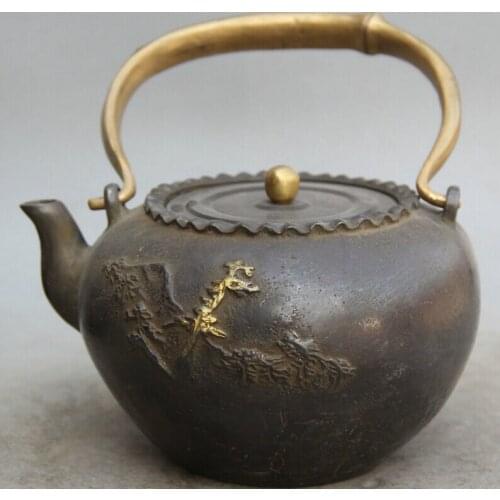Collectible bronze S1833 9" Old Marked Chinese iron Gild scenery flower teapot kettle Wine Tea Pot Flagon