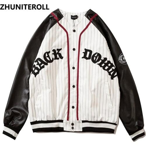 Embroidery Letter Fashion Harajuku PU Leather Patchwork Jacket Men Bomber Baseball Coats Streetwear High Street Tops Clothing